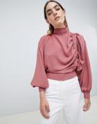 Asos Design Top With Ruched Side And Button Detail - Pink