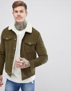 Boohooman Corduroy Jacket With Fleece Lining In Khaki - Green