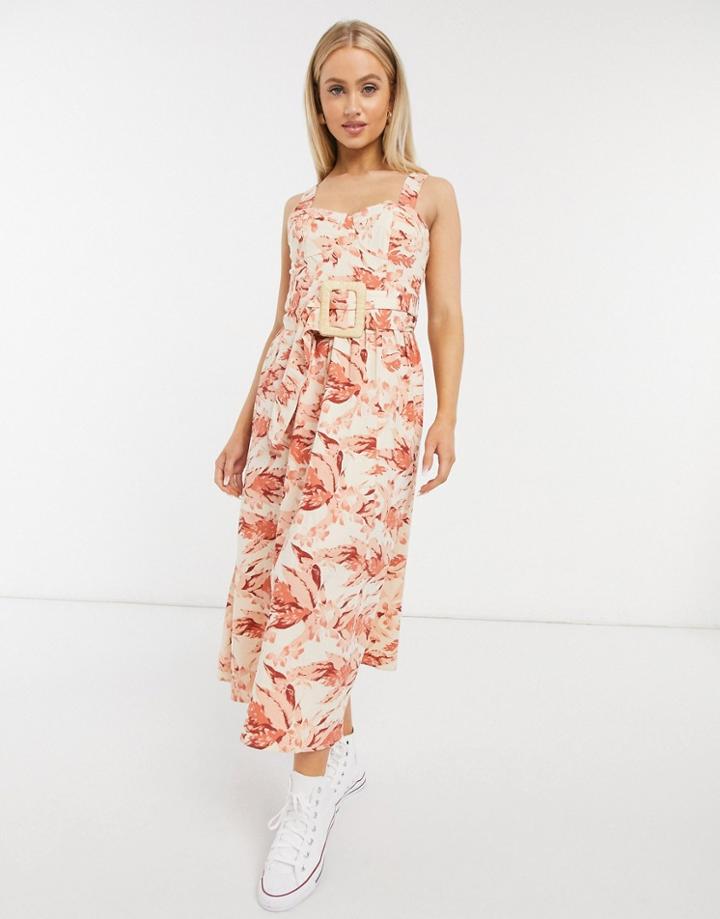 Asos Design Midi Skater Sundress With Wicker Belt In Palm Floral-multi