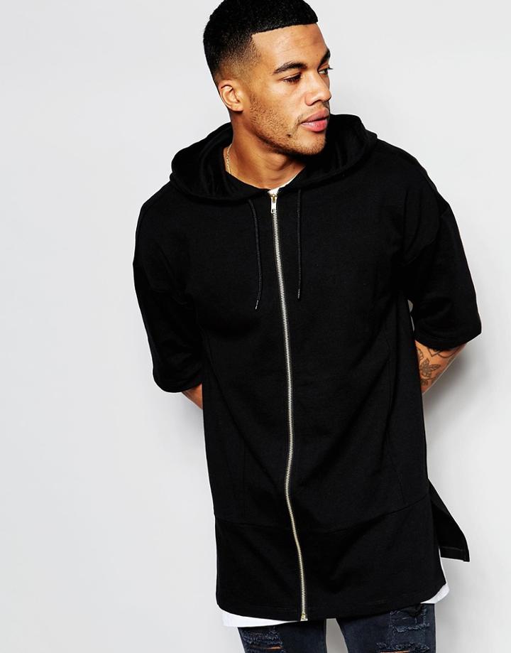 Asos Longline Oversized Zip Up Hoodie With Asymmetric Zip And Side Splits - Black
