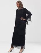 Asos Design Long Sleeve Fringe Column Maxi Dress - Black