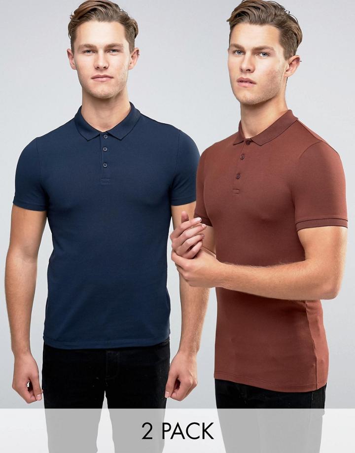 Asos 2 Pack Extreme Muscle Polo Shirt In Chestnut/navy - Multi