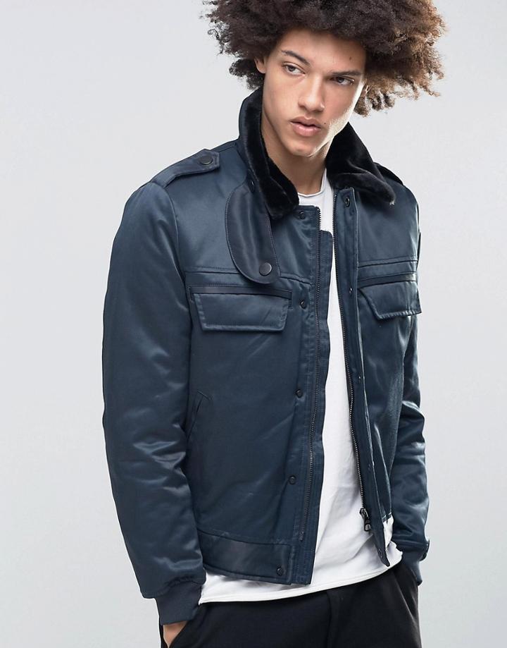 Cheap Monday Freeze Flight Bomber Faux Fur Collar Navy - Navy