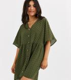 Asos Design Petite V Neck Button Through Mini Smock Dress In Spot-multi