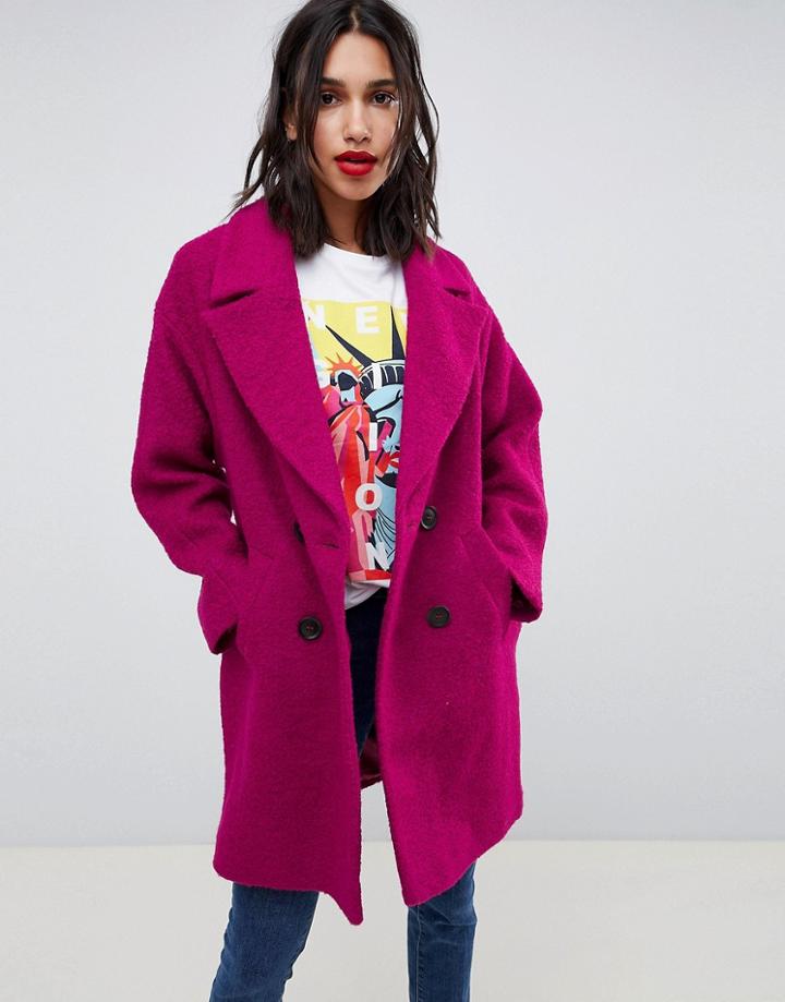 Asos Design Double Breasted Coat In Texture-pink