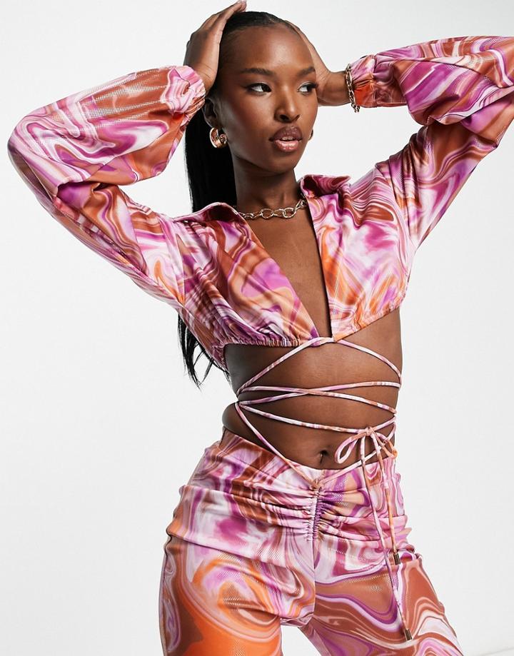 Rare London Satin Cropped Shirt In Pink Swirl Print - Part Of A Set