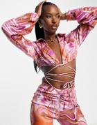 Rare London Satin Cropped Shirt In Pink Swirl Print - Part Of A Set