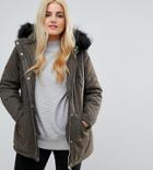 New Look Curve Faux Fur Hood Longline Parka - Green