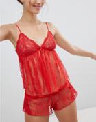 Asos Design Luna Lace Cami & Short Set - Red