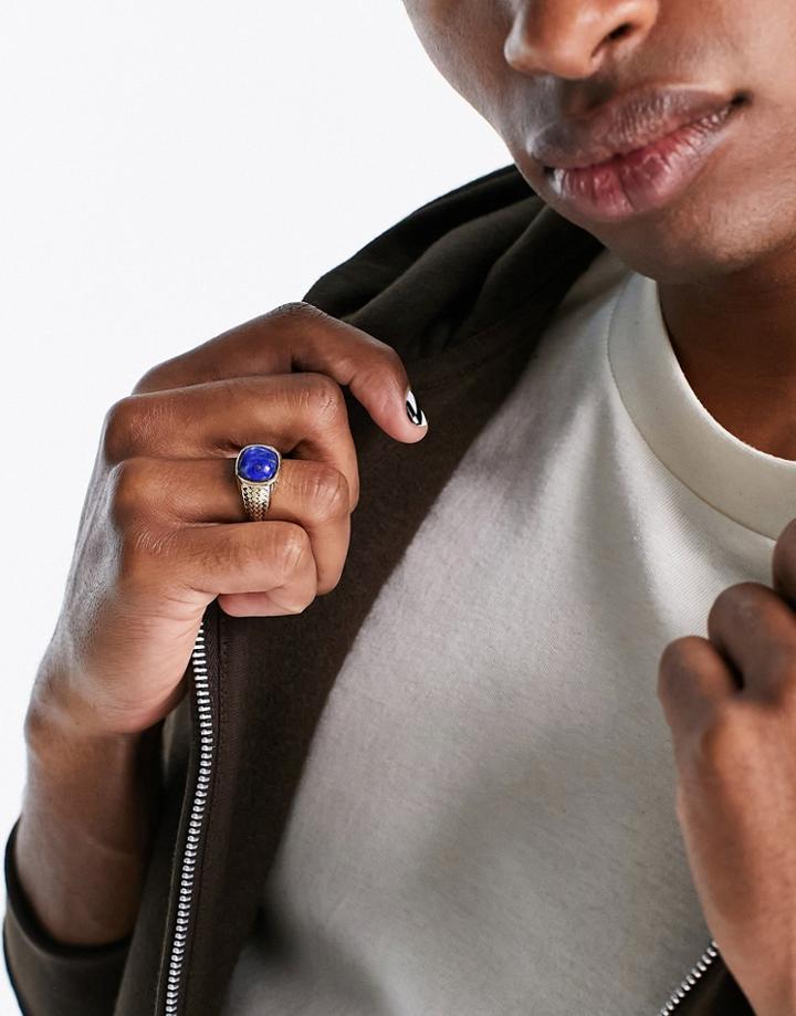 Asos Design Signet Ring With Blue Lapis Semi P Stone In Gold Tone