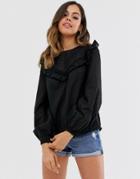 New Look Lace Trim Detail Blouse In Black-white