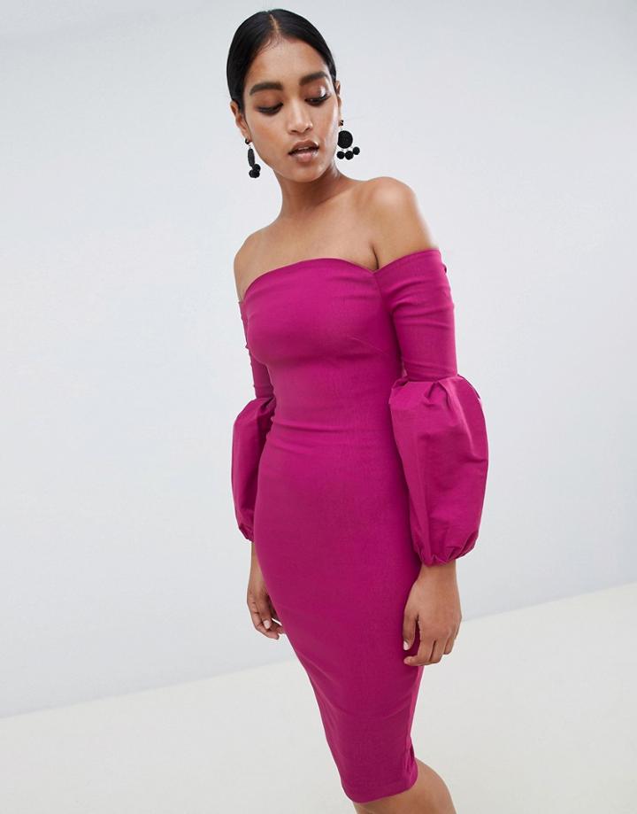 Vesper Puff Sleeve Bardot Pencil Dress - Pink