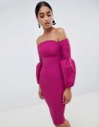 Vesper Puff Sleeve Bardot Pencil Dress - Pink