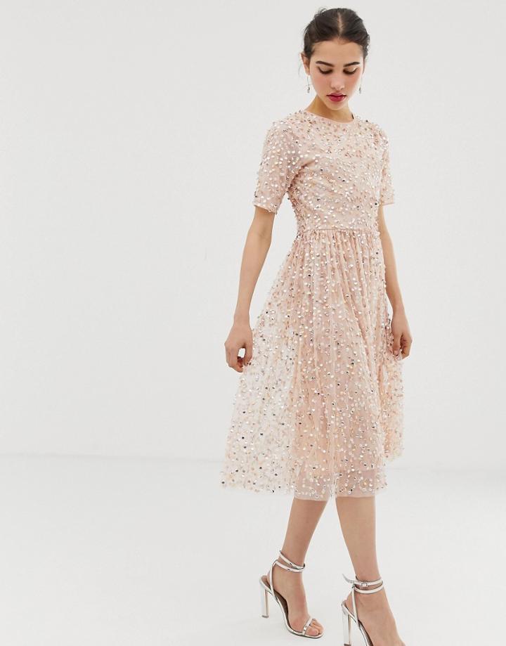 Angel Eye Short Sleeve All Over Sequin Midi Dress - Cream