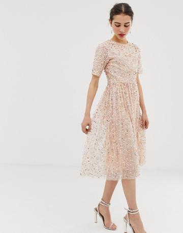 Angel Eye Short Sleeve All Over Sequin Midi Dress - Cream
