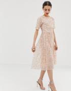 Angel Eye Short Sleeve All Over Sequin Midi Dress - Cream