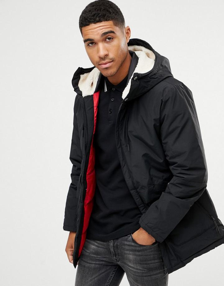 Pull & Bear Fleece Lined Parka In Black - Black