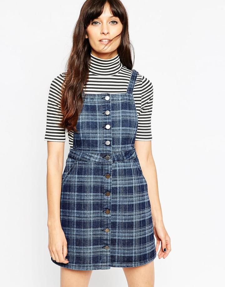 Asos Denim Button Through A-line Pinafore Dress In Blue Check - Blue