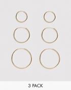 Asos Design Pack Of 3 Fine Hoop Earrings In Gold Tone - Gold