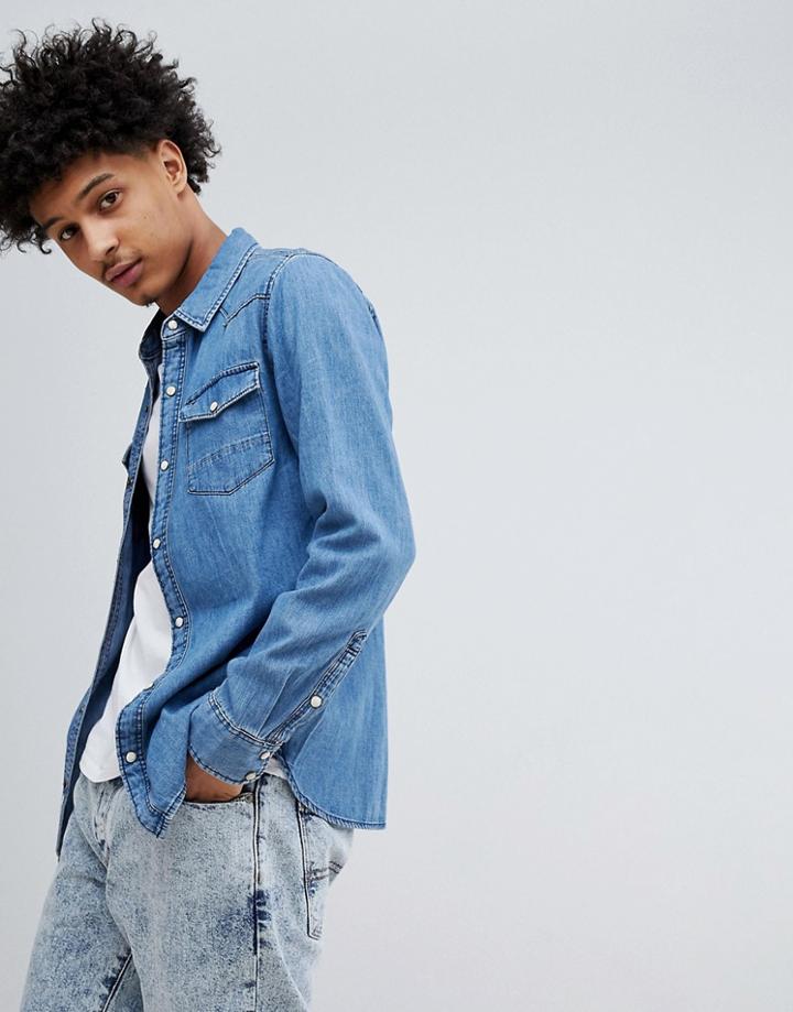 Tommy Jeans Basic Western Denim Shirt In Mid Wash - Blue