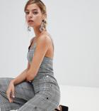 River Island Petite Jumpsuit With Side Poppers In Check - Gray