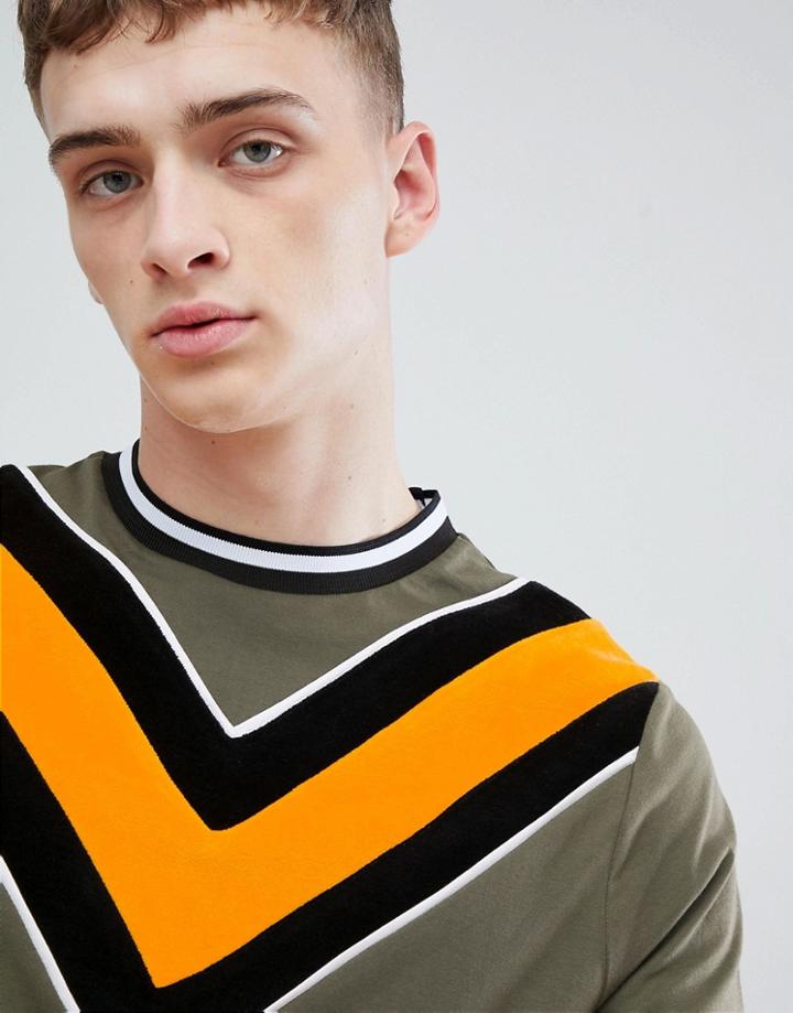 Asos Design T-shirt With Cord Chevron And Contrast Tipping In Green - Gray