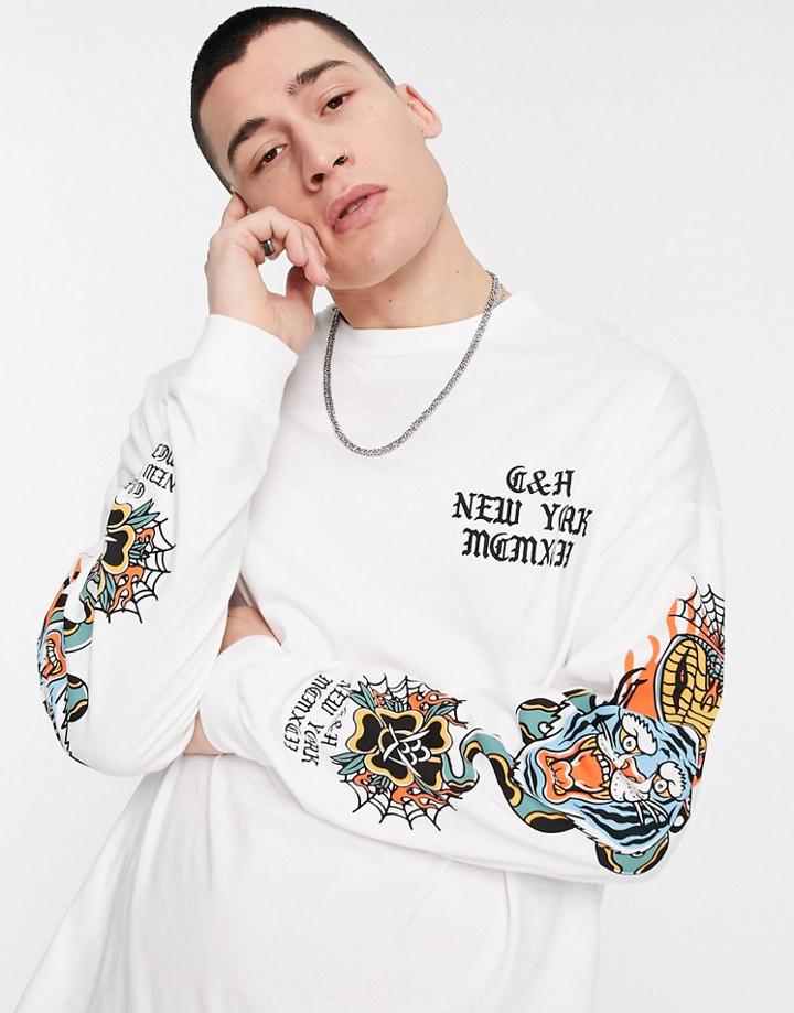 Asos Design Oversized Long Sleeve T-shirt In White With Tattoo Chest & Sleeve Prints