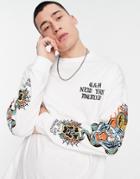 Asos Design Oversized Long Sleeve T-shirt In White With Tattoo Chest & Sleeve Prints