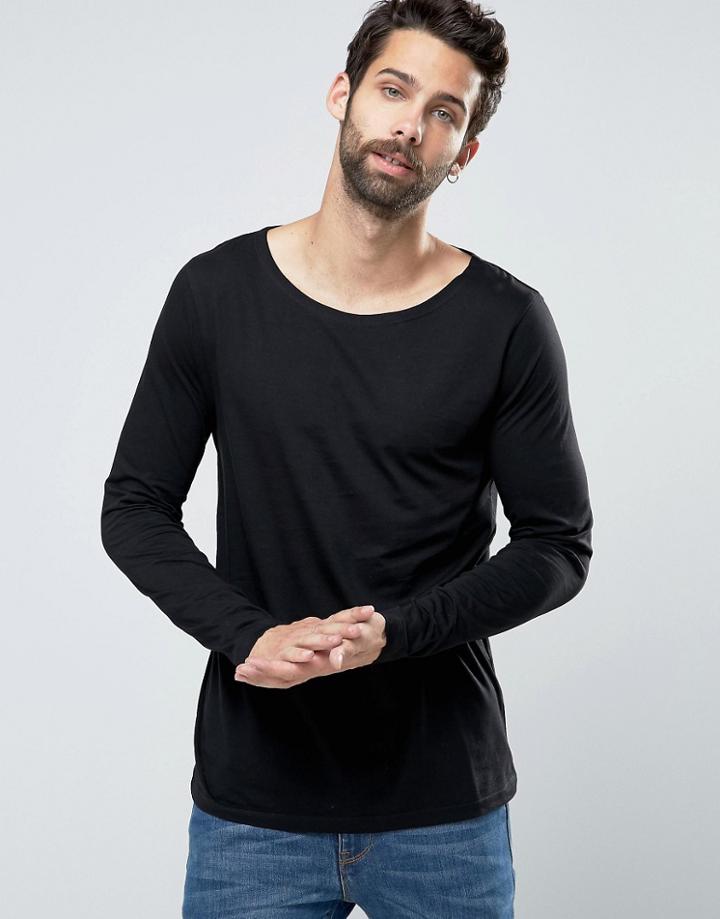 Asos Long Sleeve T-shirt With Boat Neck In Black - Black