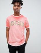 Asos Design Relaxed T-shirt With Chicago Print And Bleach Wash - Red