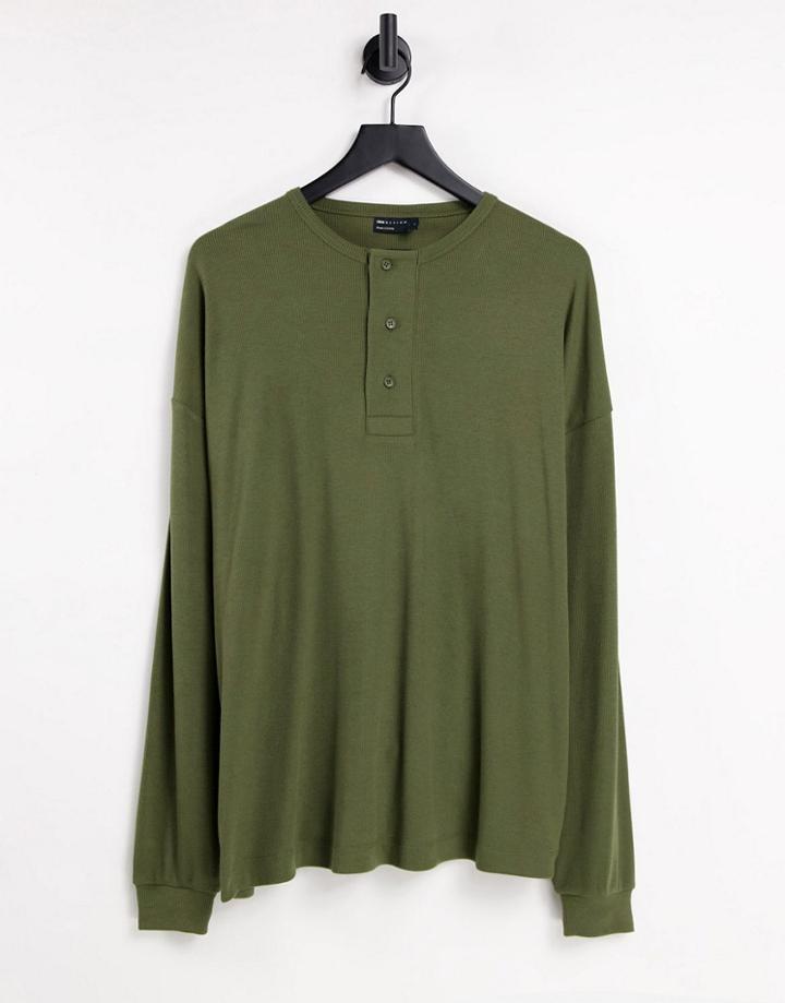 Asos Design Oversized Long Sleeve T-shirt In Rib In Khaki-green