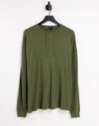 Asos Design Oversized Long Sleeve T-shirt In Rib In Khaki-green