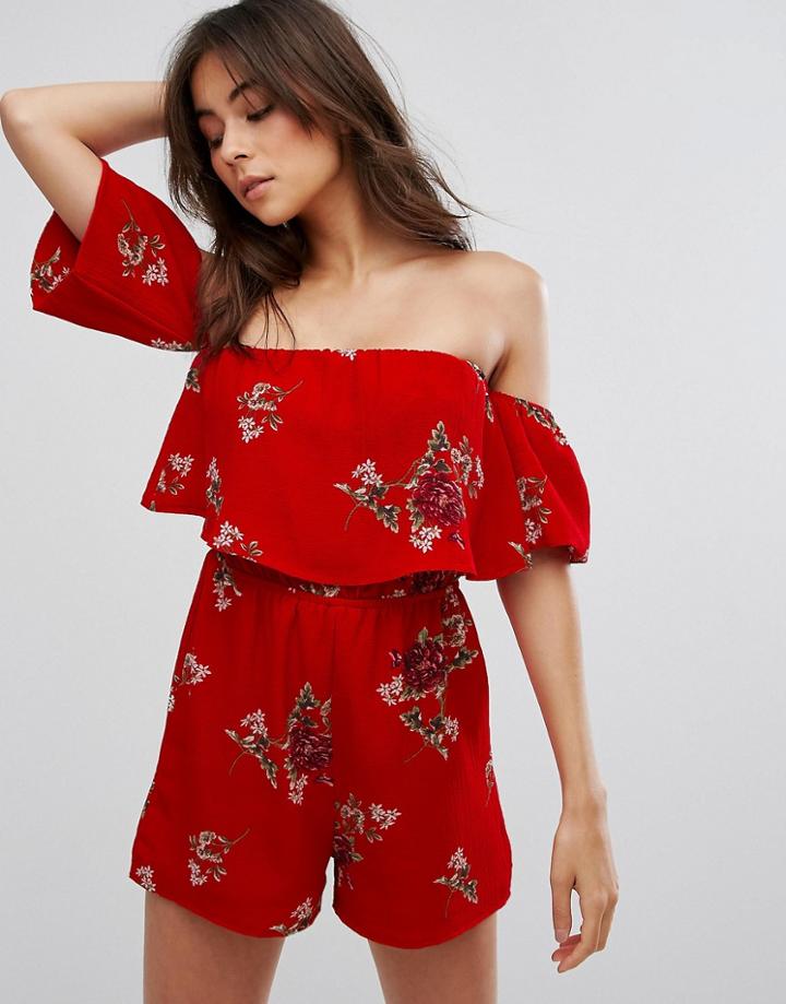 Parisian Off Shoulder Floral Romper - Red
