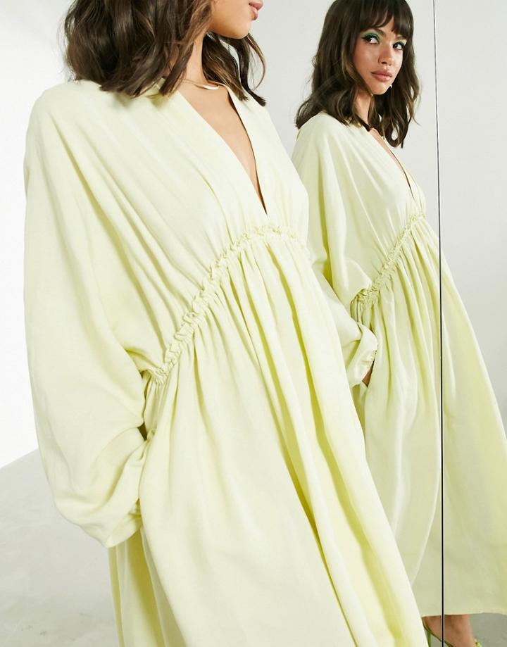 Asos Edition Gathered Waist Batwing Midi Dress In Washed Lime-yellow