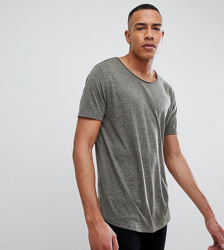 Asos Design Tall Relaxed Longline T-shirt With Raw Scoop Neck And Curve Hem In Linen Mix In Khaki - Green