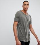 Asos Design Tall Relaxed Longline T-shirt With Raw Scoop Neck And Curve Hem In Linen Mix In Khaki - Green