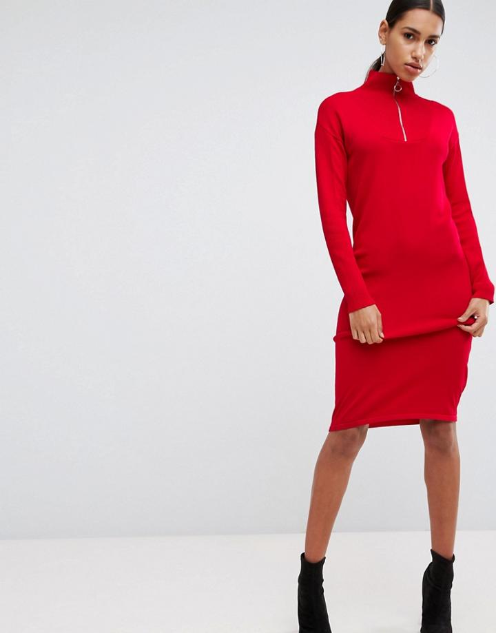Asos Knitted Dress With Zip Up Neck - Red