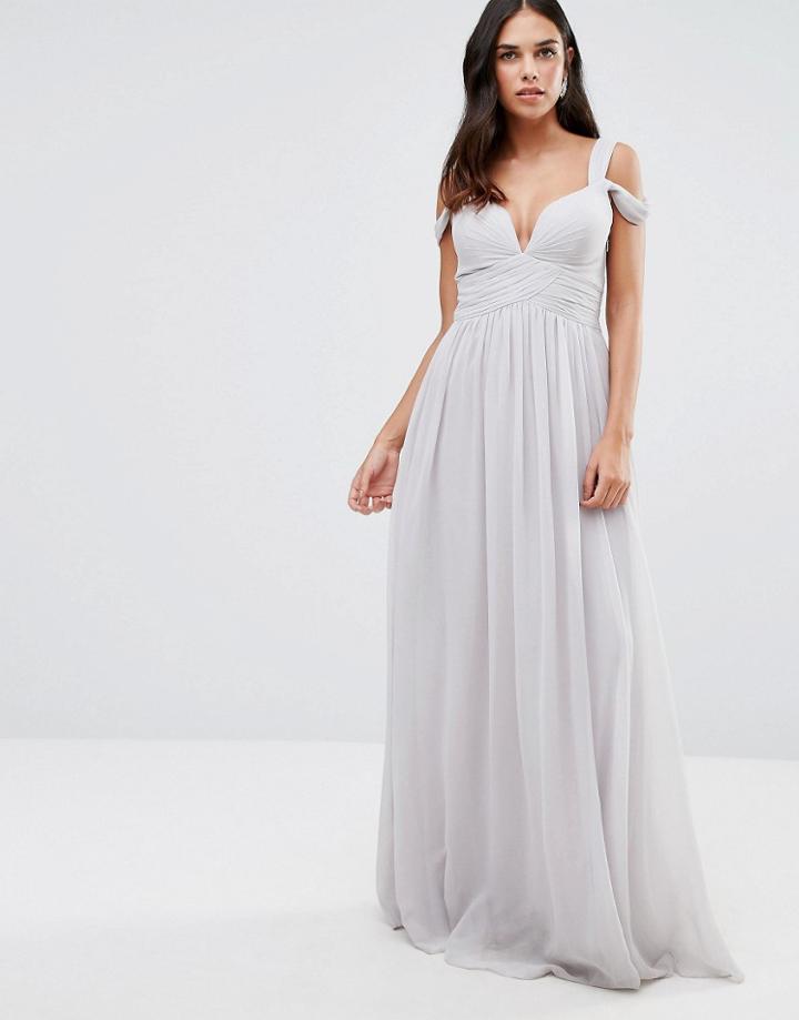 Forever Unique Plunge Neckline Maxi Dress With Cut Out Shoulder - Gray