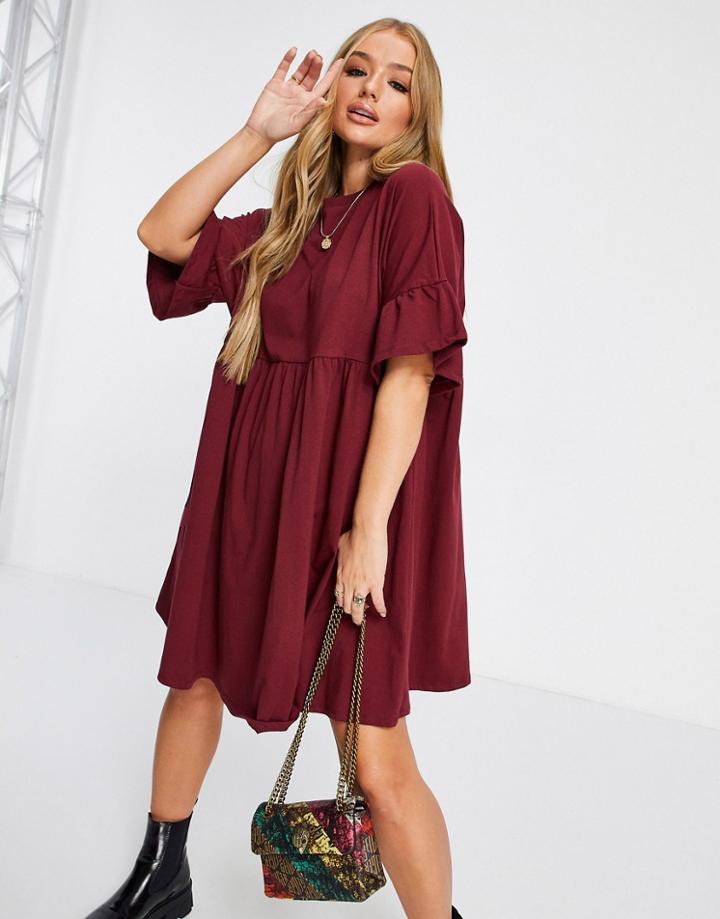 Asos Design Super Oversized Frill Sleeve Smock Dress In Burgundy-red