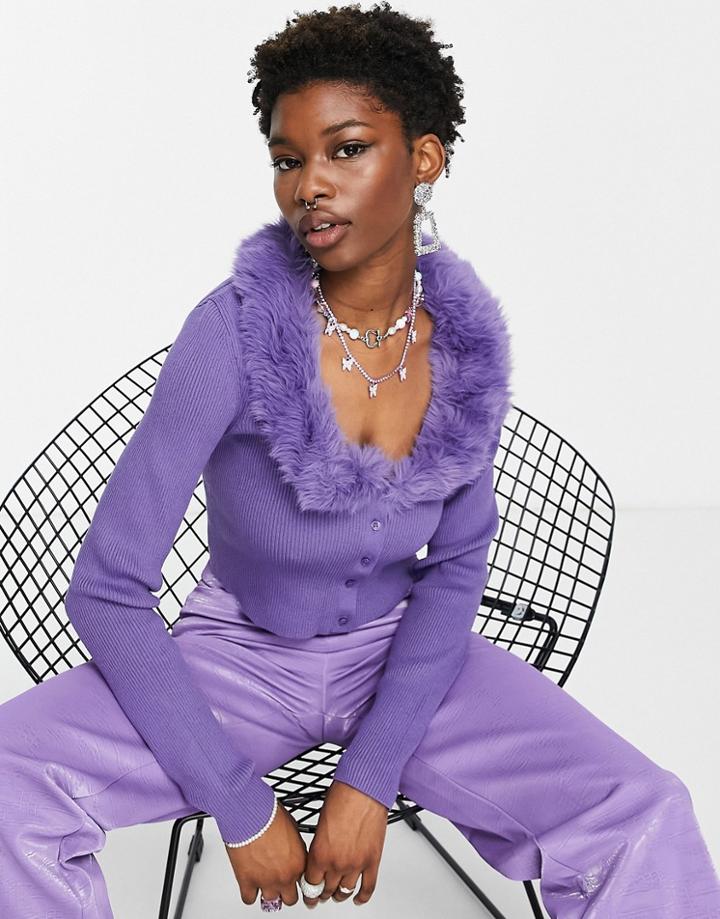 Weekday Furry Faux Fur Collar Cardigan In Purple - Purple