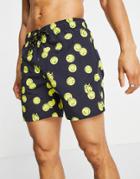 Pull & Bear Smiley Swim Shorts In Black & Yellow