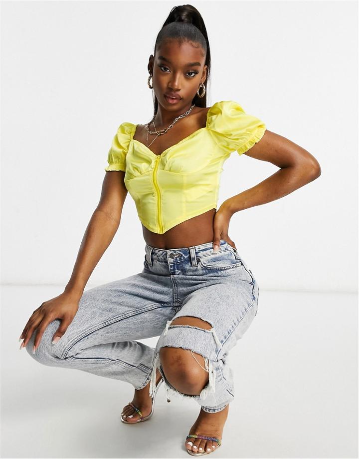 Naanaa Zip Front Satin Puff Sleeve Crop Top In Banana Yellow