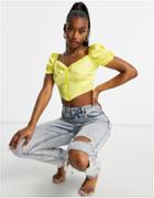 Naanaa Zip Front Satin Puff Sleeve Crop Top In Banana Yellow