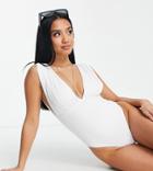 Asos Design Petite Recycled Gathered Plunge Swimsuit In White