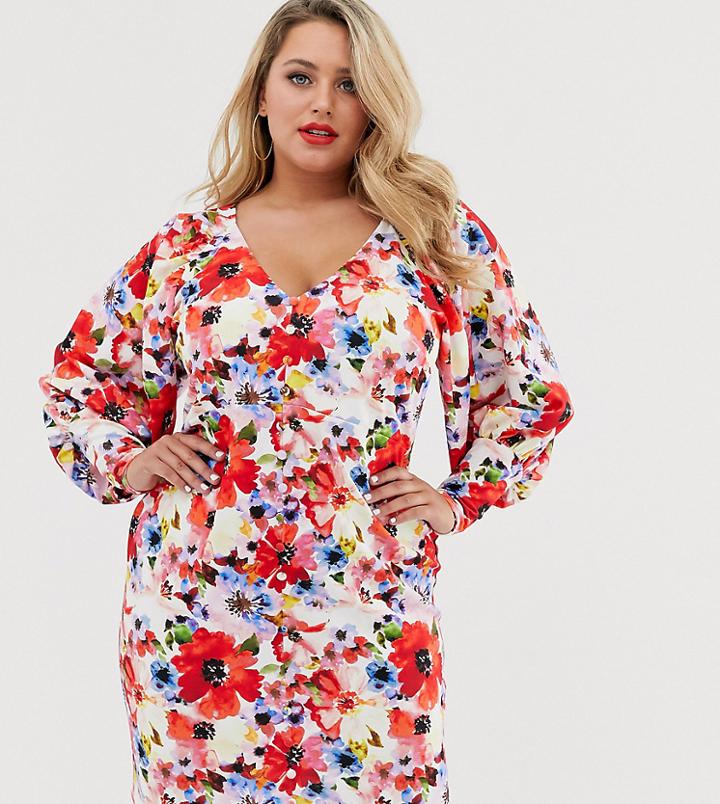 Asos Design Curve Puff Sleeve Tea Dress In Floral Print - Multi