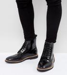 Asos Wide Fit Lace Up Boots In Black Leather - Black