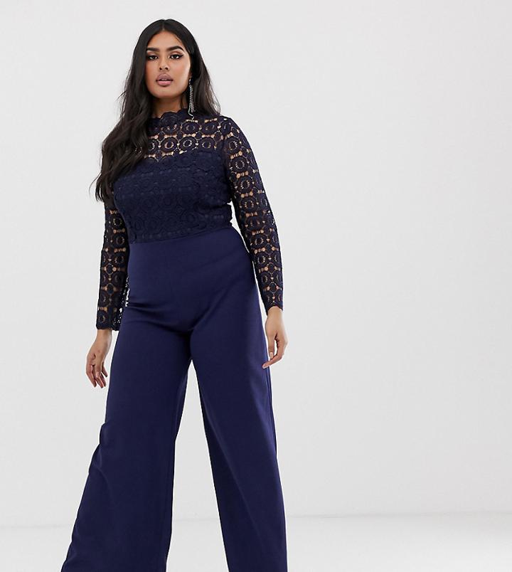 Club L Plus High Neck Crochet Detail Jumpsuit - Navy