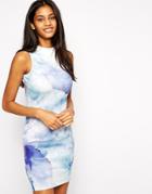Asos Body-conscious Scuba Dress With High Neck In Watercolour Floral P
