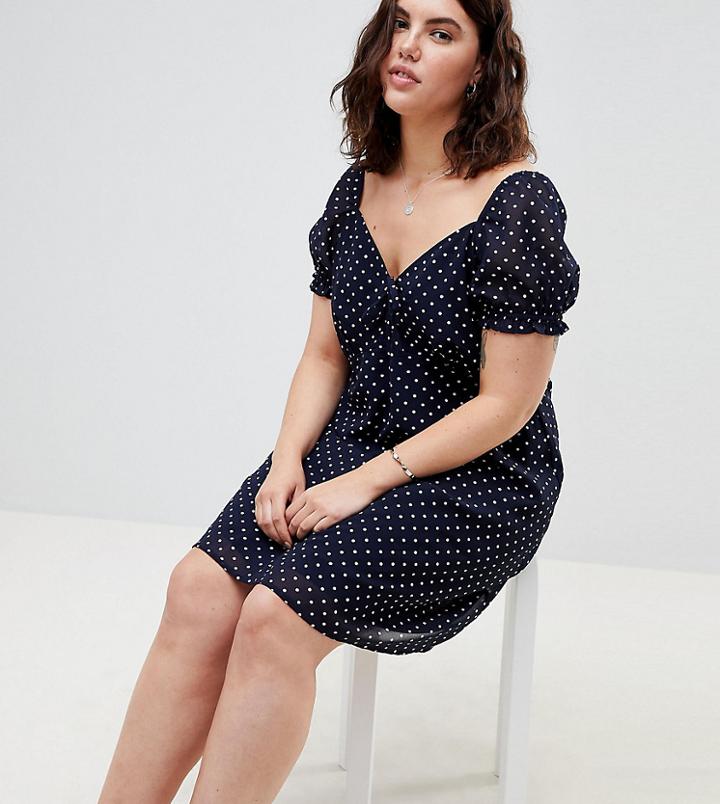Influence Plus Square Neck Polka Dot Skater Dress - Navy