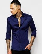Asos Skinny Shirt In Two Tone Navy With Long Sleeves - Navy